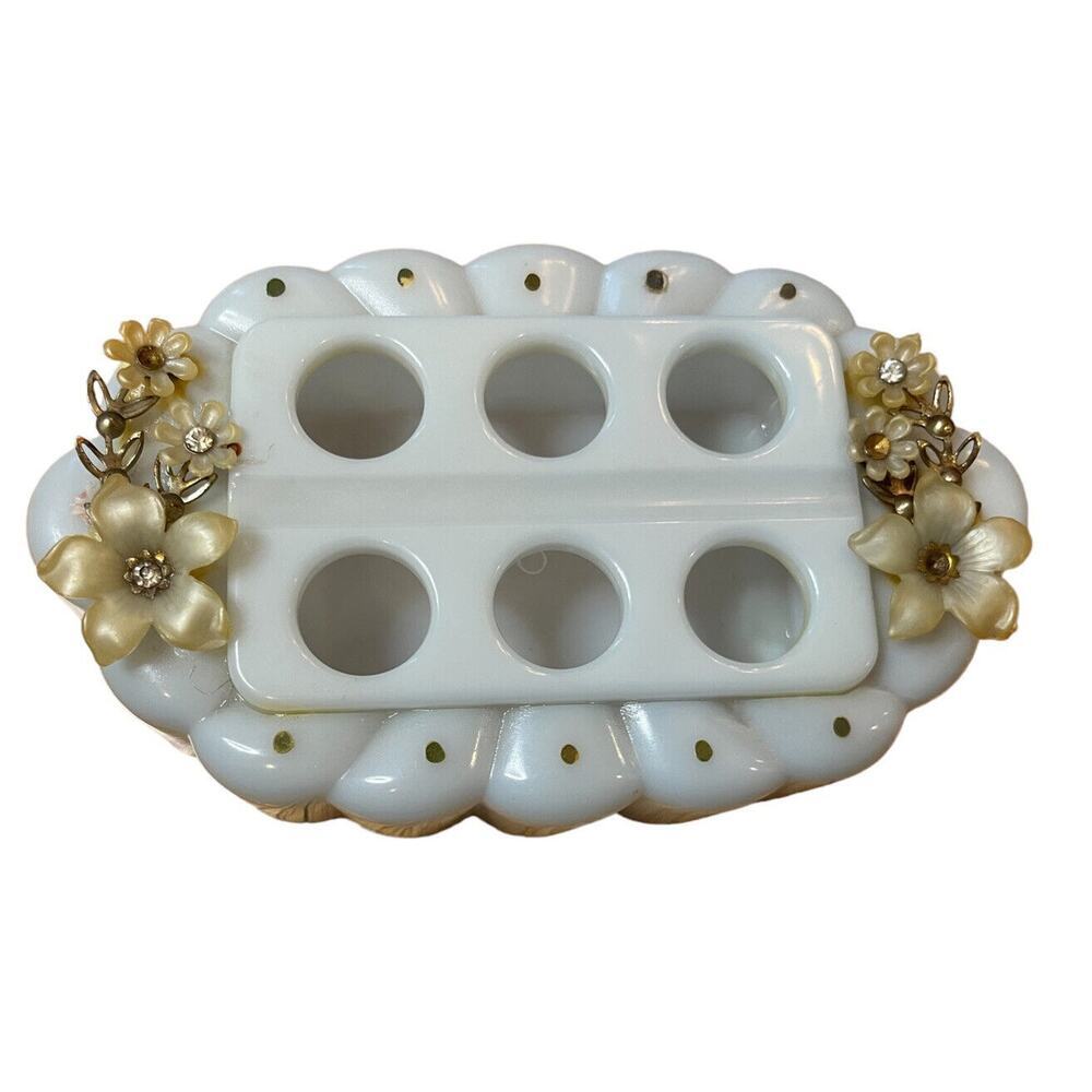 Vintage MENDA CO. PASADENA, CAL Blue Plastic Vanity Lipstick Bar Holder Flowers